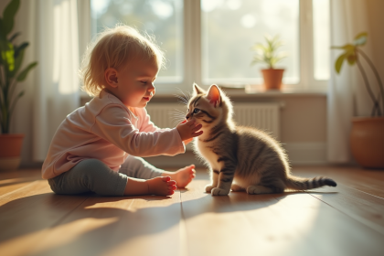 Jeune enfant jouant avec un chaton British Shorthair en salon lumineux