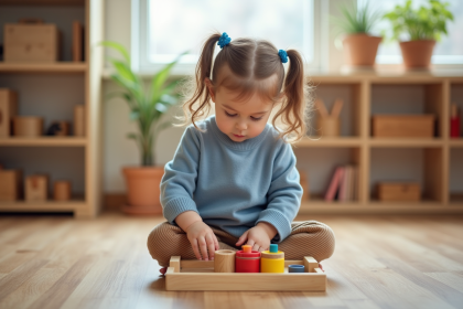 Fille de 4 ans en classe Montessori en train de empiler des cylindres en bois