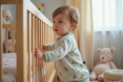 Bébé curieux dans un berceau en pajamas à motifs