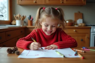 Petite fille de 5 ans écrivant une lettre au père Noël à la table de cuisine avec des crayons colorés