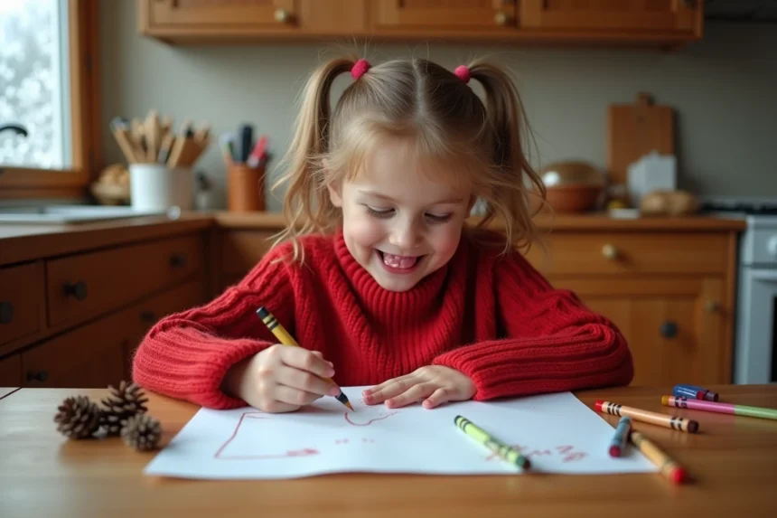 Petite fille de 5 ans écrivant une lettre au père Noël à la table de cuisine avec des crayons colorés