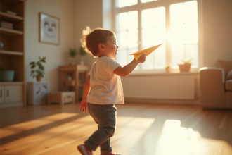 Enfant lançant un avion en papier dans une pièce lumineuse