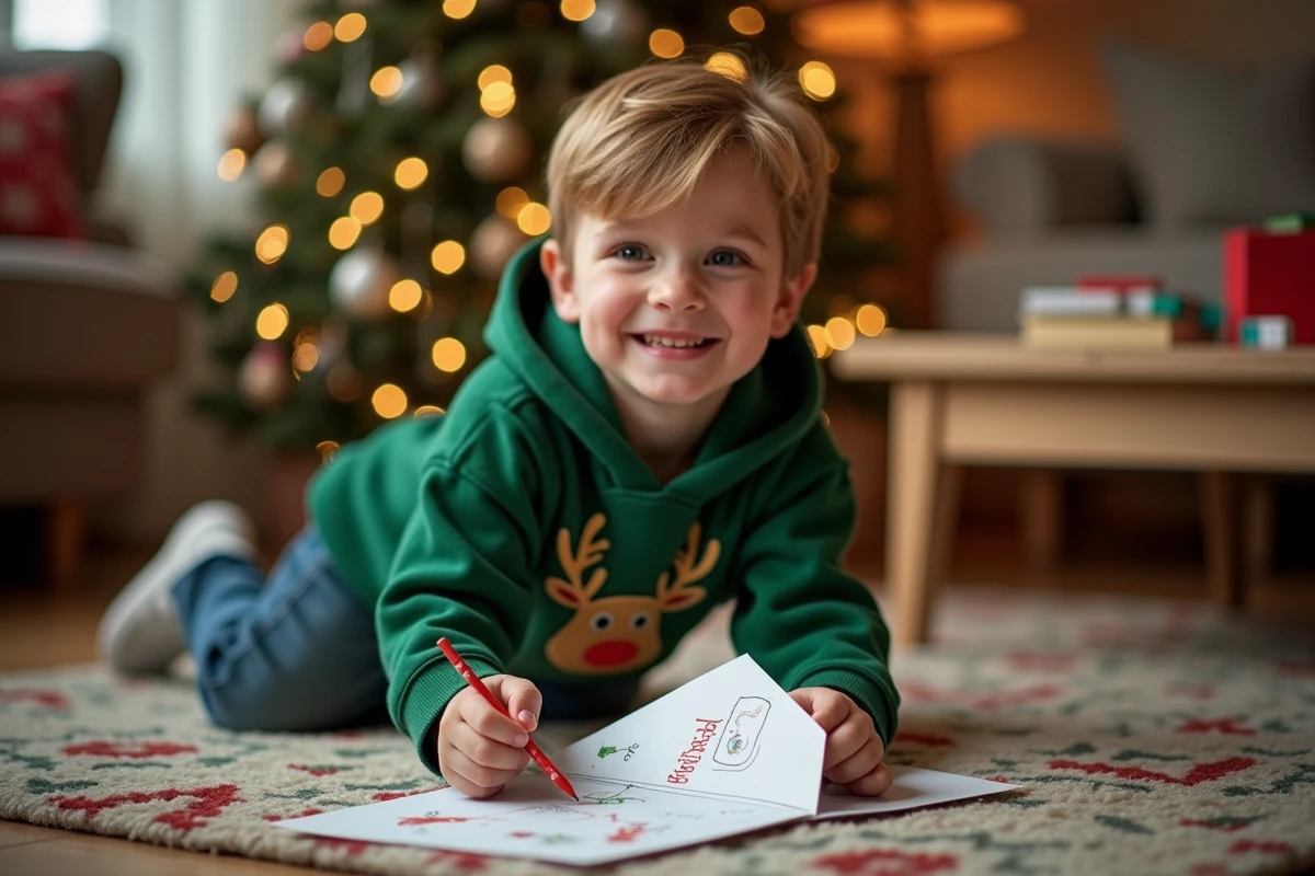Jeune garçon glissant une lettre lutin farçeur colorée dans une enveloppe décorée, agenouillé sur le tapis du salon devant le sapin de Noël
