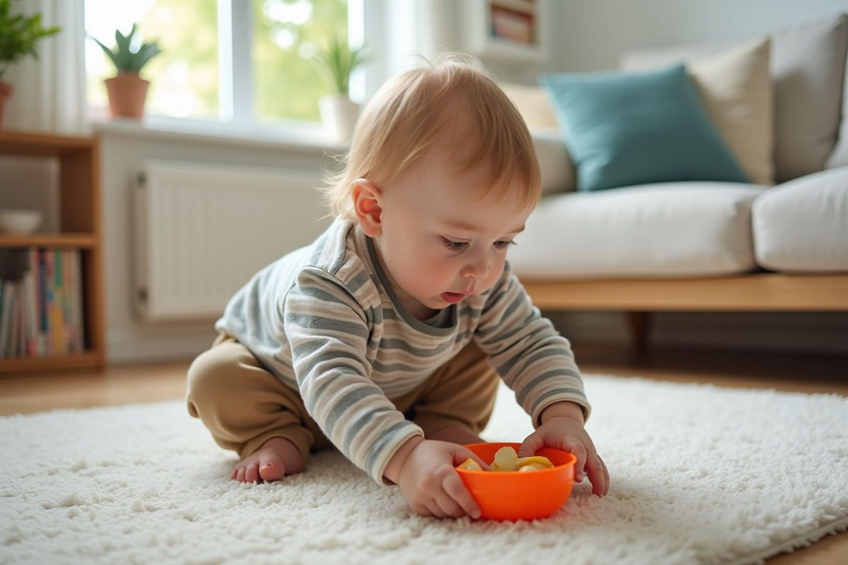 Jeune enfant attrapant snack dans salon moderne