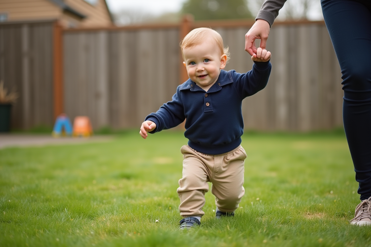 Garçon de 18 mois en tenue marine marchant dans le jardin