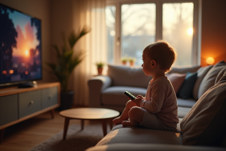 Jeune enfant regardant la télévision dans un salon chaleureux