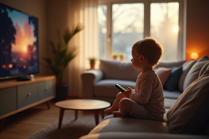 Jeune enfant regardant la télévision dans un salon chaleureux