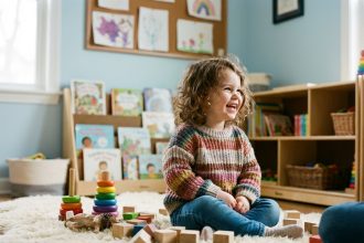 Jeune fille en maternelle souriante dans une salle de jeux lumineuse