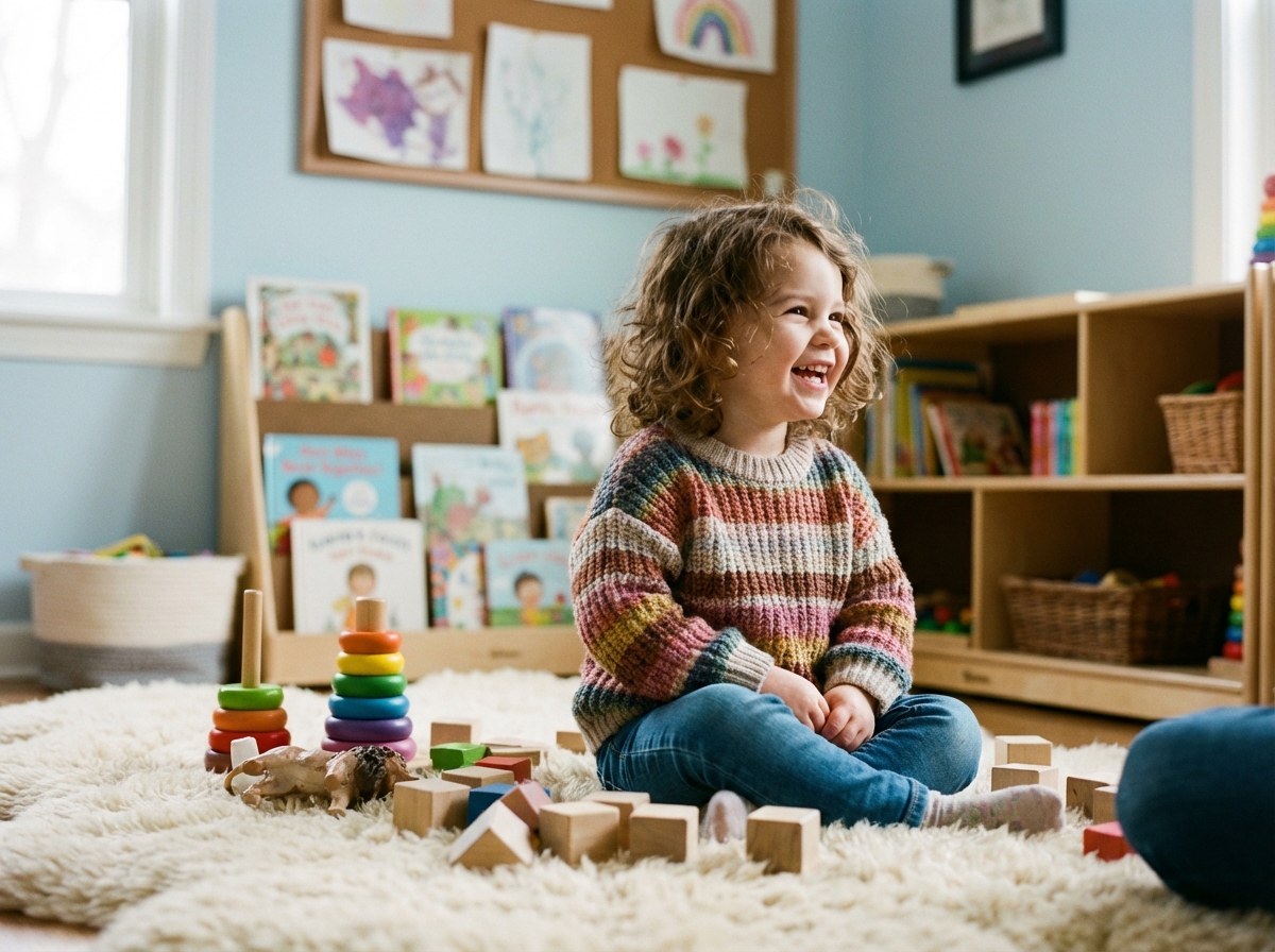 Jeune fille en maternelle souriante dans une salle de jeux lumineuse