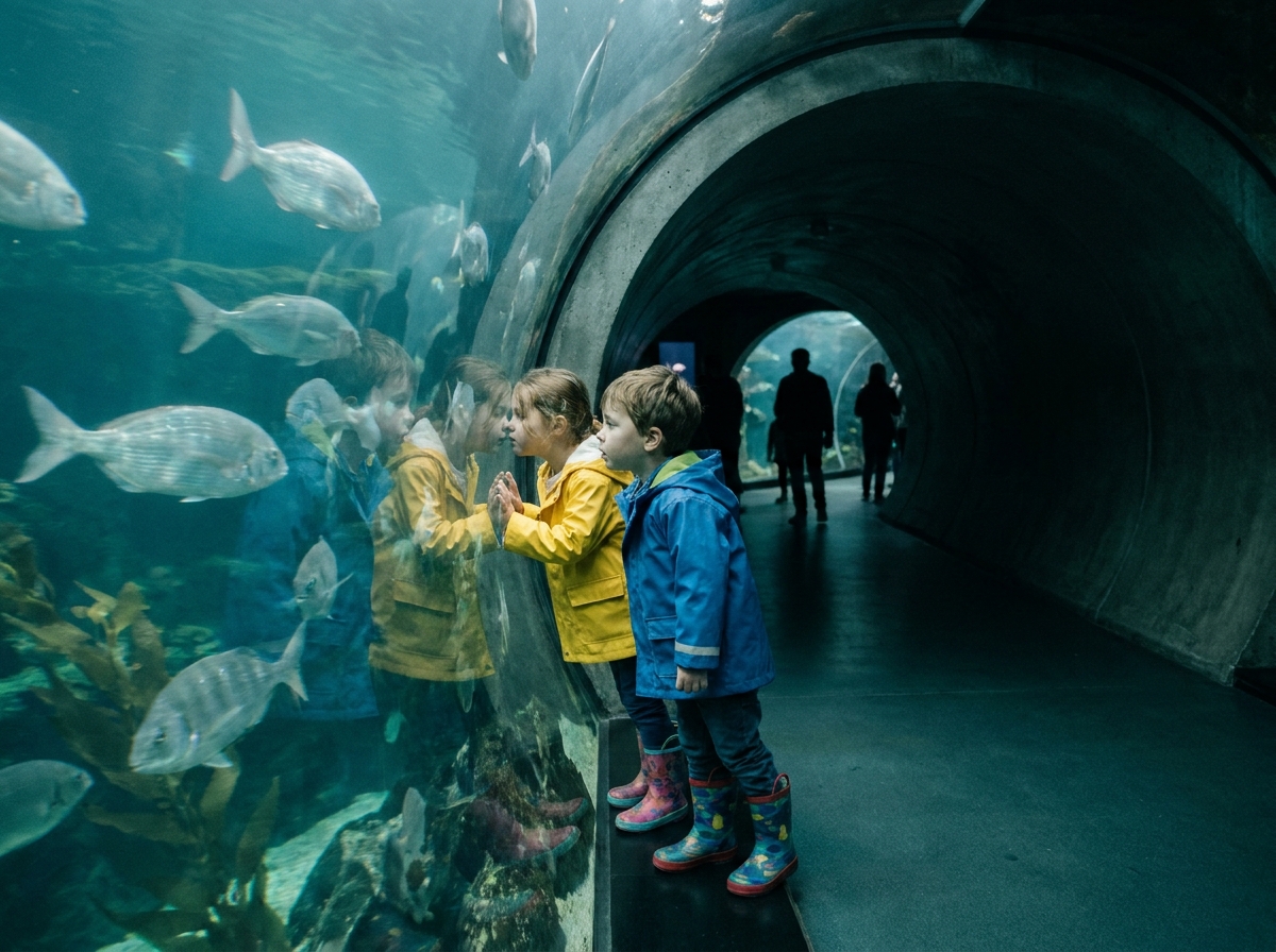 Deux enfants émerveillés devant un aquarium lors d'une sortie à Paris pendant les vacances scolaires de Toussaint