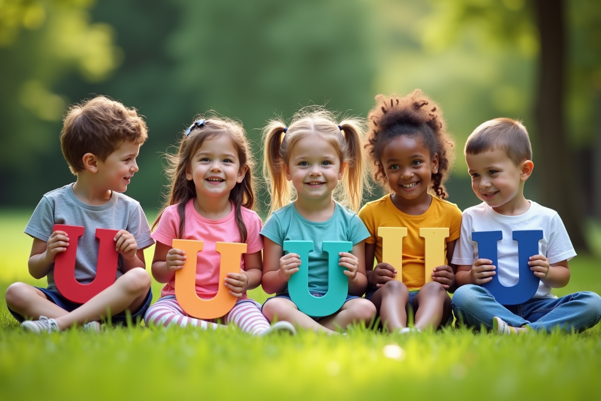 Enfants divers tenant la lettre U en plein air