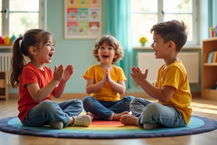 Trois jeunes enfants assis en cercle sur un tapis coloré dans une salle de classe maternelle, chantant et frappant dans leurs mains pendant une comptine