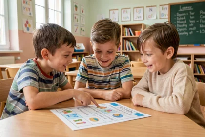 Groupe d'enfants de CP et CE1 penchés sur une feuille de devinettes logiques à une table de classe en bois