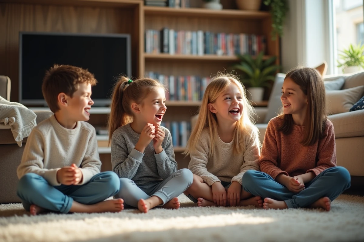 Enfants et adultes discutant devant la télévision