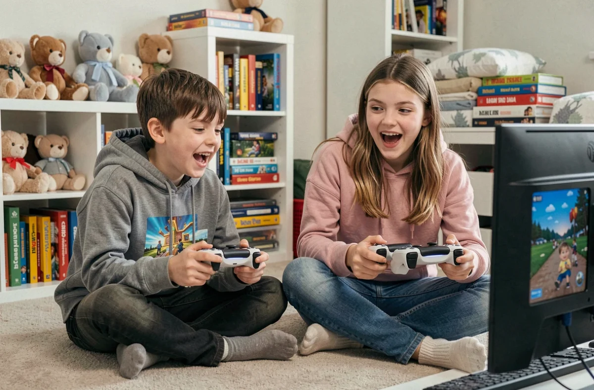 Frère et sœur jouant à un jeu PS5 dans une chambre, expressions enthousiastes et manettes DualSense en main