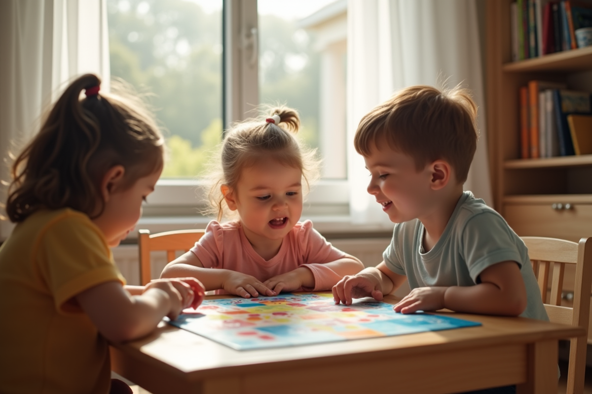 Trois jeunes enfants jouent ensemble à un jeu de société coloré