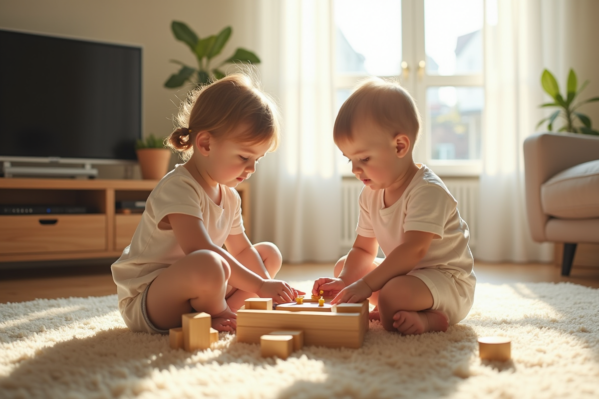 Deux enfants jouant avec des jouets en bois sur un tapis lumineux