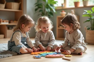 Groupe d'enfants Montessori travaillant sur un puzzle coloré