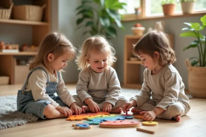 Groupe d'enfants Montessori travaillant sur un puzzle coloré