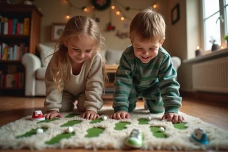 Deux enfants en pyjamas d'hiver découvrant des traces vertes et objets ludiques