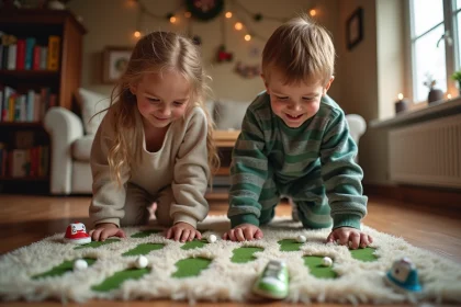 Deux enfants en pyjamas d'hiver découvrant des traces vertes et objets ludiques