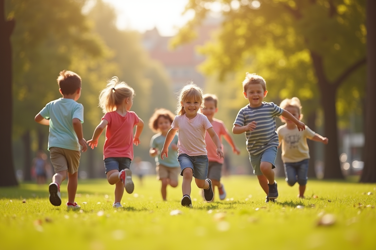 Jeunes enfants jouant dans un parc en plein soleil