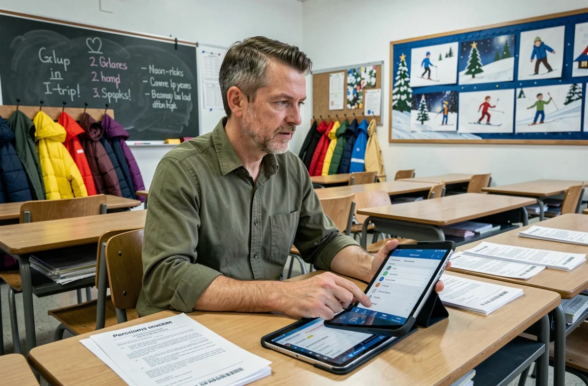 Enseignant configurant les notifications parentales sur une tablette dans une salle de classe avant le départ en classe de neige