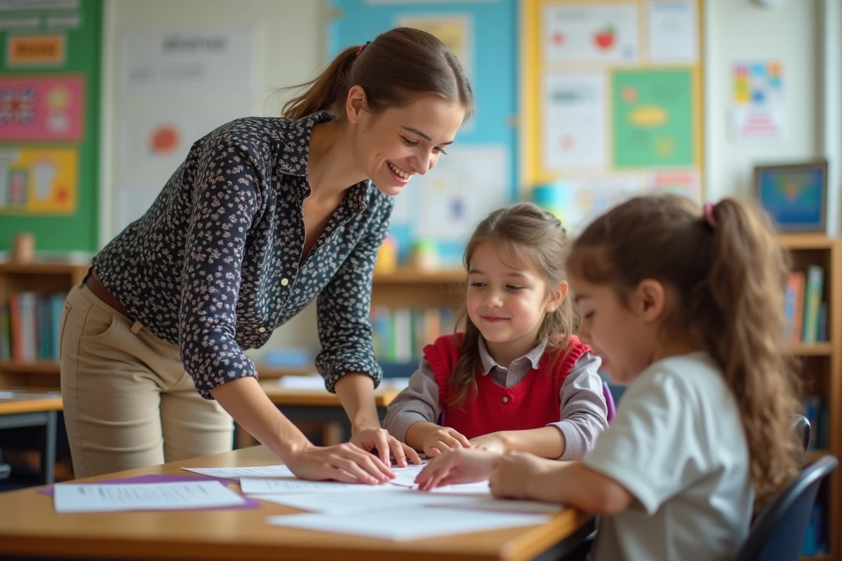 Enseignante soutenant deux élèves en classe