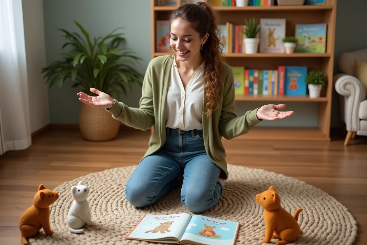 Une enseignante de maternelle anime une séance de comptine avec des marionnettes de chats en feutre et des livres illustrés dans un coin lecture cosy