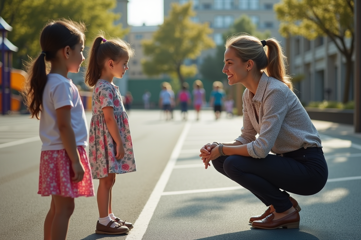 Enseignante parlant aux enfants dans la cour d