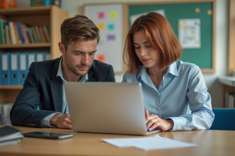 Femme et enseignant discutant devant un ordinateur dans une salle de classe chaleureuse