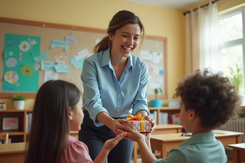 Enseignante souriante recevant un cadeau emballé d'un élève dans une salle de classe colorée