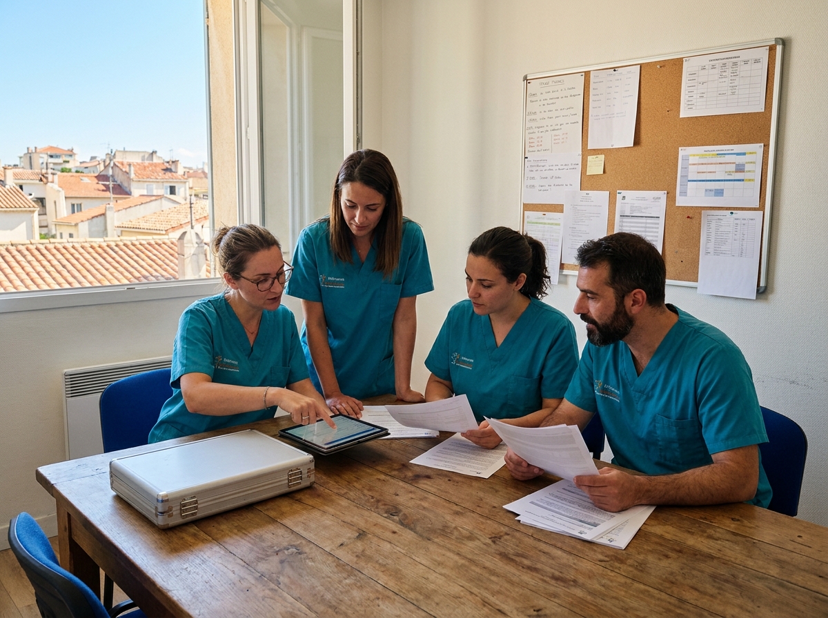 Équipe soignante LNA Santé en réunion autour d'un plan de soin dans une maison de retraite à Marseille