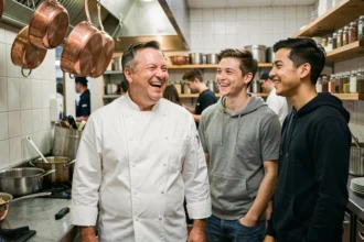 Chef Philippe Etchebest partageant un moment complice avec ses proches dans une cuisine professionnelle