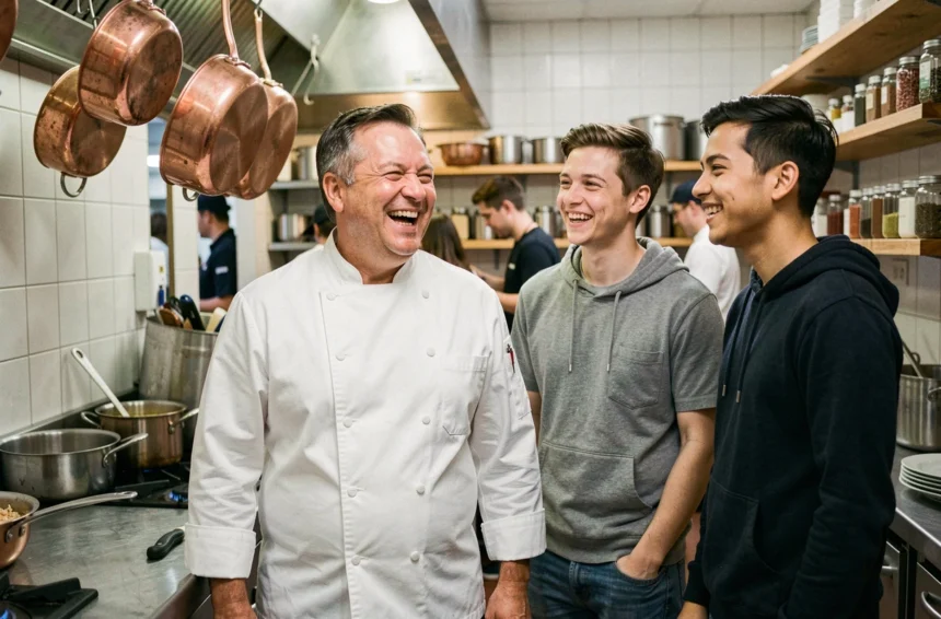 Chef Philippe Etchebest partageant un moment complice avec ses proches dans une cuisine professionnelle