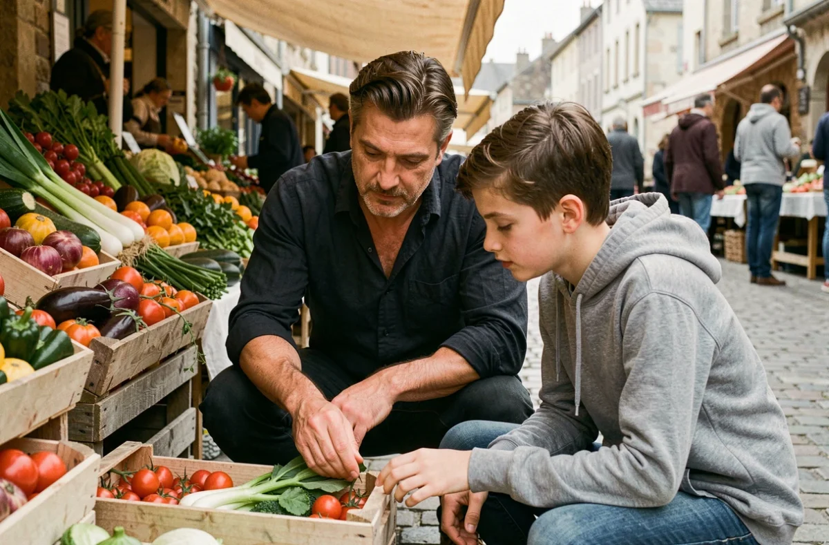 Chef Etchebest et un jeune adolescent découvrant ensemble des légumes frais sur un marché provençal