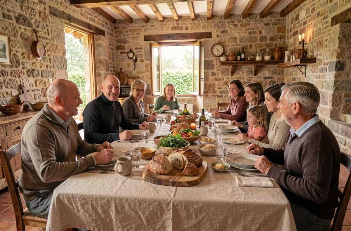 Repas en famille dans une maison de campagne française évoquant la vie privée d'Etchebest