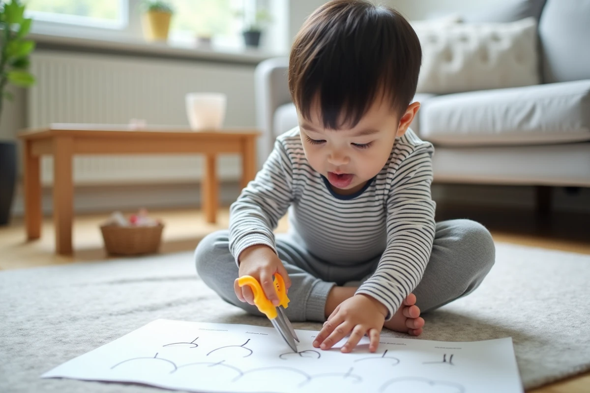 Petit garçon de maternelle petite section découpant une fiche imprimée de motricité fine avec des ciseaux adaptés sur un tapis de jeu à la maison