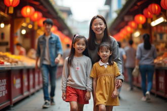 Famille asiatique souriante explore un marché en plein air
