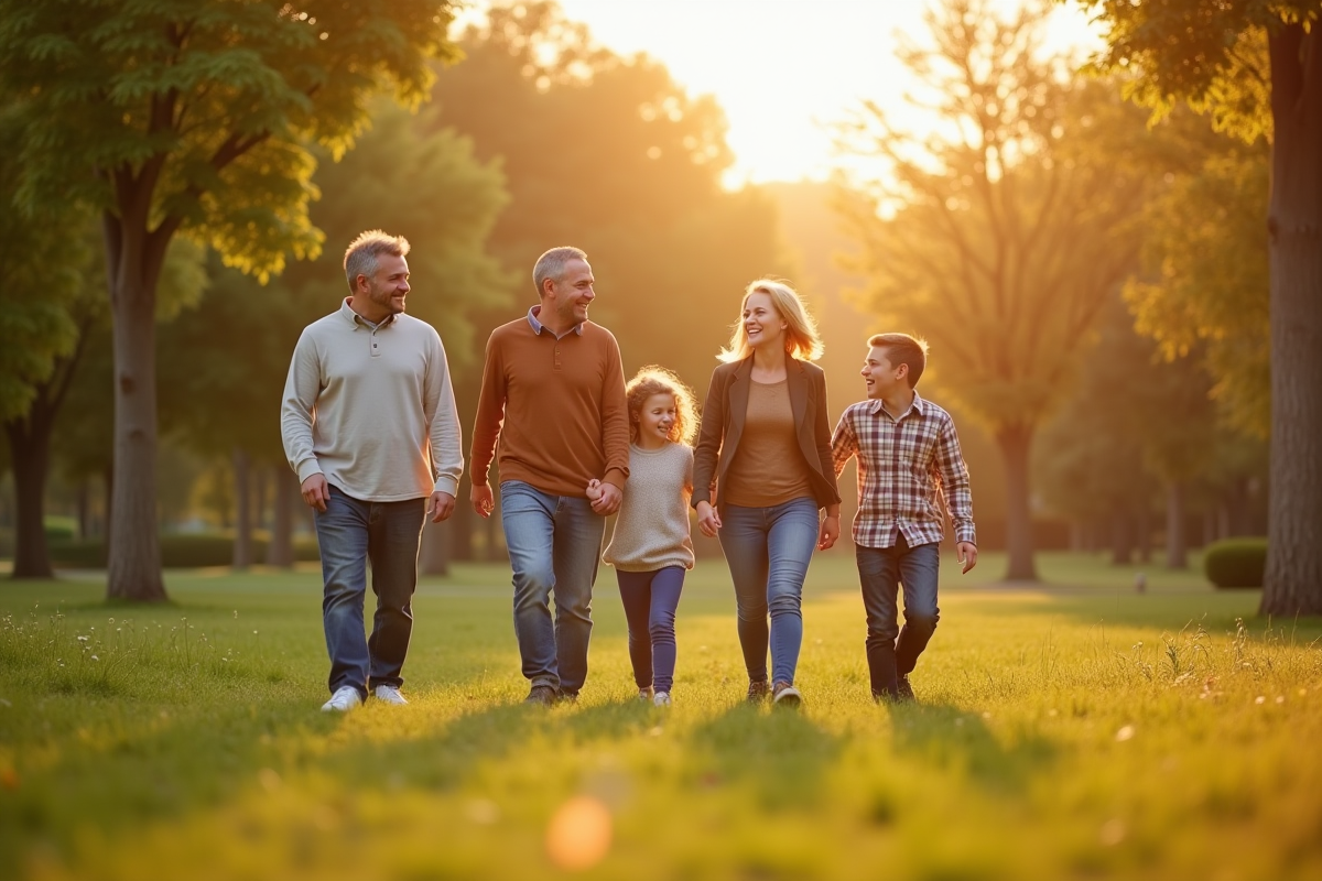 Famille marchant dans un parc en fin d