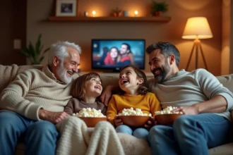 Famille multigenerational rieuse sur canapé chaleureux