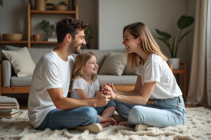 Jeune couple avec leur fille partageant un rire en famille