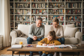 Photo hyperrealiste d'une famille dans le salon chaleureux