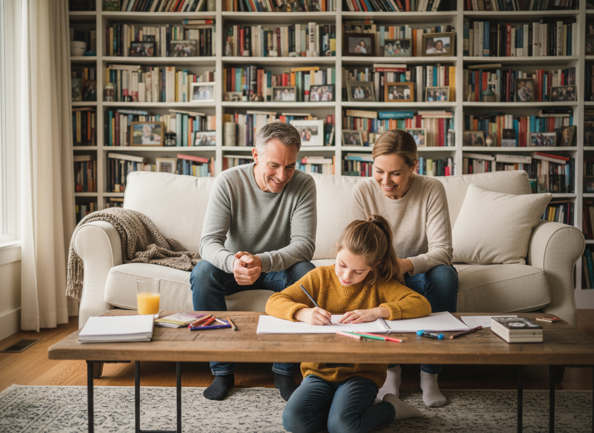 Photo hyperrealiste d'une famille dans le salon chaleureux