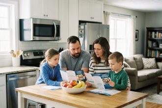 Famille autour d'une table à la maison examinant brochures dentaires