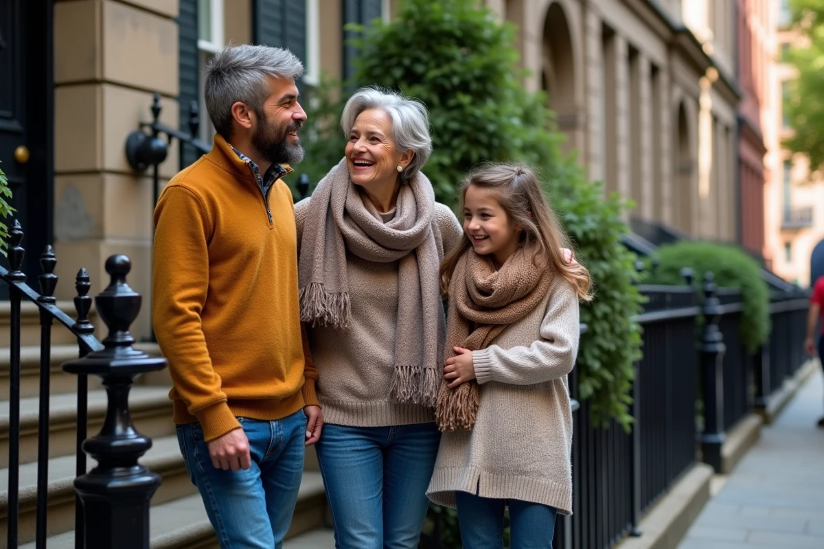 Famille multigénérationnelle posant devant une maison en ville