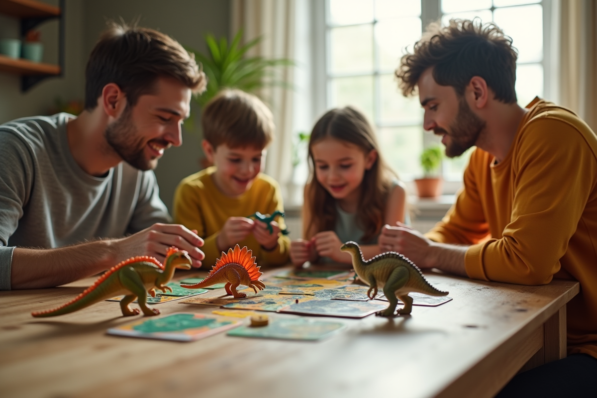 Famille jouant à un jeu de société dinosaure lumineux