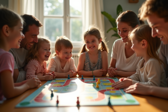 Famille jouant à un jeu de société Snakes and Ladders en famille