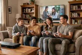 Famille de quatre personnes jouant ensemble à la PS5 dans un salon chaleureux, parents et enfants souriants avec des manettes DualSense