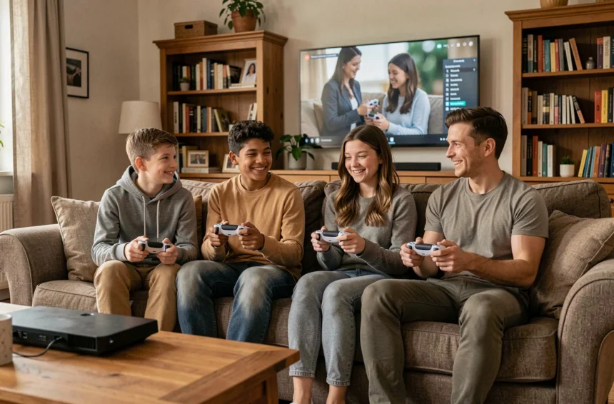 Famille de quatre personnes jouant ensemble à la PS5 dans un salon chaleureux, parents et enfants souriants avec des manettes DualSense